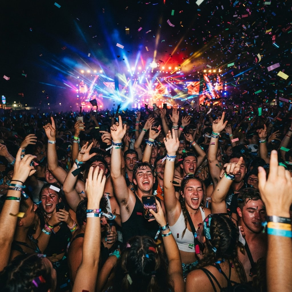 Festival crowd with hands raised at night