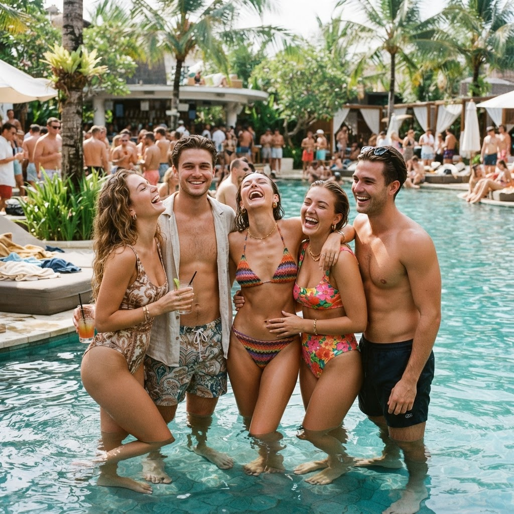 Friends laughing at a tropical pool party