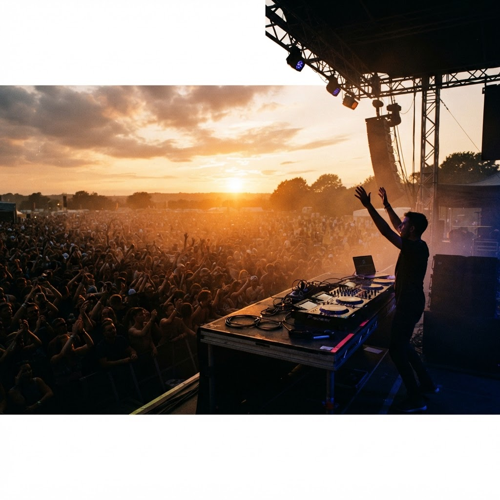 DJ performing to a huge crowd at sunset