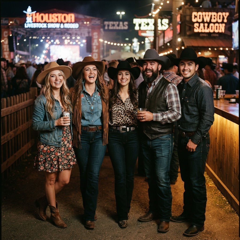 Friends in western fashion at a Houston night event