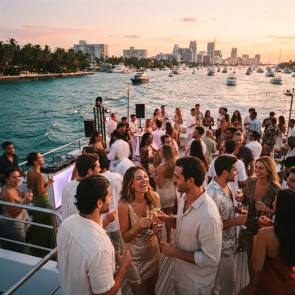 Miami yacht party at golden hour