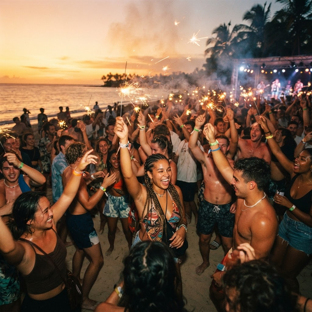 Beach festival crowd dancing at sunset with sparklers